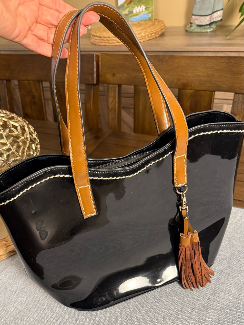 Vintage Browns Black Patent Tote with Tan Leather Handles and Tassel Charm